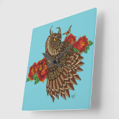 赤いバラのフクロムブルー スクエア壁時計 (傾斜)