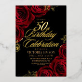 赤いバラのフラワー50歳の誕生日 箔招待状 (正面)