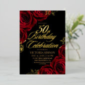 赤いバラのフラワー50歳の誕生日 箔招待状 (立ち正面)