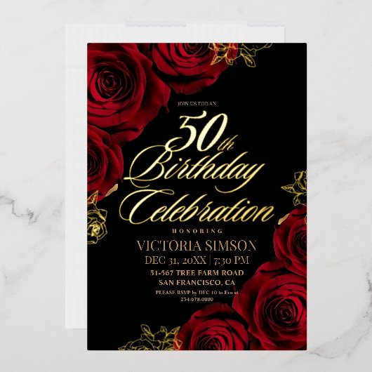 赤いバラのフラワー50歳の誕生日 箔招待状 (封筒)