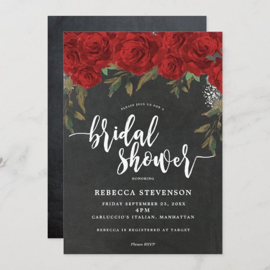 赤いバラのフローラのブライドシャワーの招待チョーク 招待状 (正面/裏面)