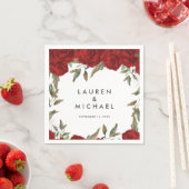 赤いバラのフローラの結婚緑のナプキン スタンダードカクテルナプキン (インサイチュ)