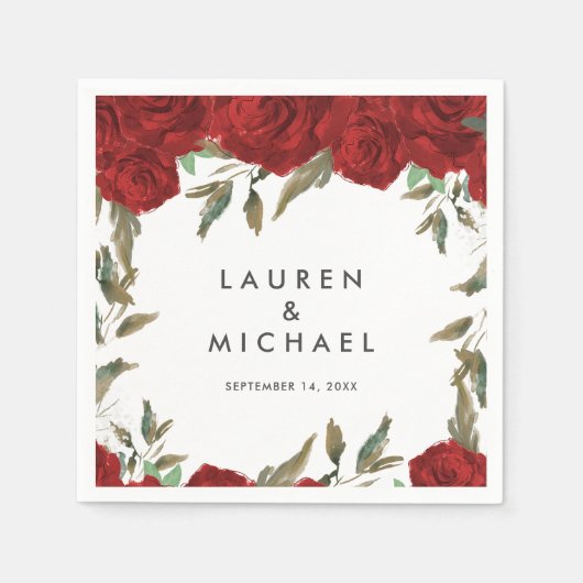 赤いバラのフローラの結婚緑のナプキン スタンダードカクテルナプキン (正面)