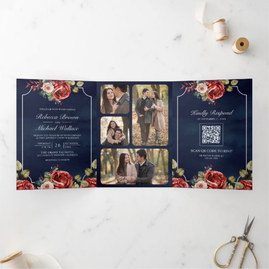 赤いバラのフローラフレームネイビーブルーQRコード結婚ズ 三つ折り招待状 (内部)