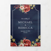 赤いバラのフローラフレームネイビーブルーQRコード結婚ズ 三つ折り招待状 (カバー)