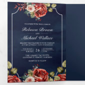 赤いバラのフローラフレームネイビーブルーQRコード結婚ズ 三つ折り招待状 (内部最初)