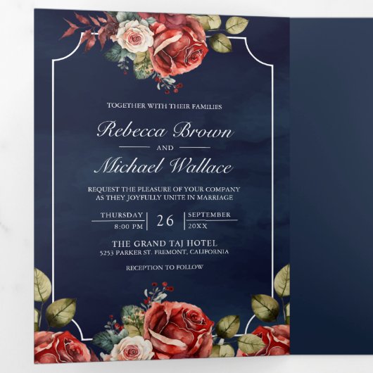 赤いバラのフローラフレームネイビーブルーQRコード結婚ズ 三つ折り招待状 (内部最初)