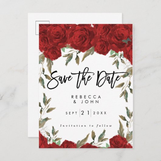 赤いバラのフローラ結婚式の日付カードを保存 案内ポストカード (正面/裏面)