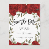赤いバラのフローラ結婚式の日付カードを保存 案内ポストカード (正面)