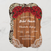 赤いバラのブライダルシャワーの素朴な木 招待状 (正面/裏面)