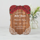 赤いバラのブライダルシャワーの素朴な木 招待状 (スタンド正面)