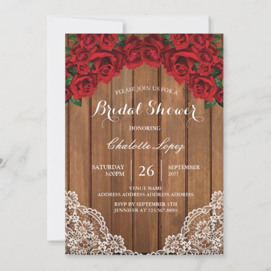 赤いバラのブライダルシャワー招待田舎木 招待状 (正面)
