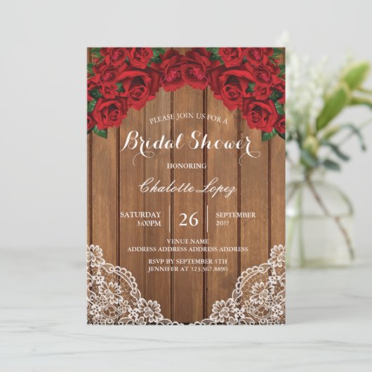 赤いバラのブライダルシャワー招待田舎木 招待状 (スタンド正面)