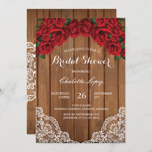 赤いバラのブライダルシャワー招待田舎木 招待状 (正面/裏面)