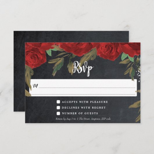 赤いバラのボヘミアンフラワーウェディング返信カード 出欠カード (正面/裏面)