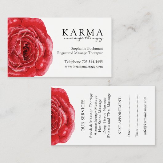 赤いバラのマッサージセラピストの名刺 予約カード (正面/裏面)
