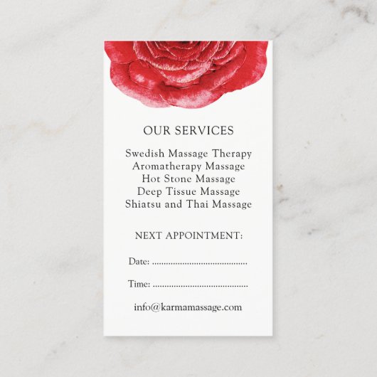 赤いバラのマッサージセラピストの名刺 予約カード (裏面)