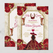 赤いバラのミス キンセ 15歳 ゴールドクラウン グリッター 招待状 (正面/裏面)