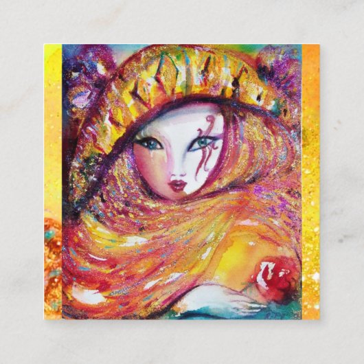 赤いバラのメイクアップアーティストと黄色の美しいマスク スクエア名刺 (裏面)