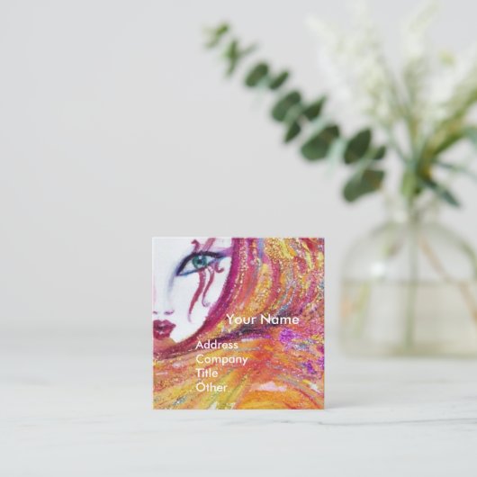 赤いバラのメイクアップアーティストと黄色の美しいマスク スクエア名刺 (スタンド正面)