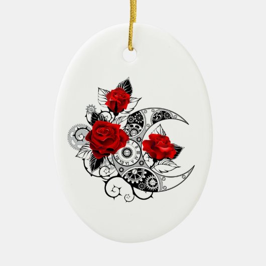 赤いバラのメカニカルクレセント セラミックオーナメント (正面)