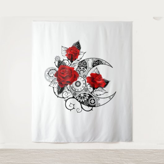 赤いバラのメカニカルクレセント タペストリー (正面)