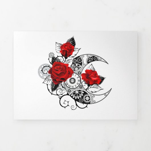 赤いバラのメカニカルクレセント 三つ折り招待状 (カバー)