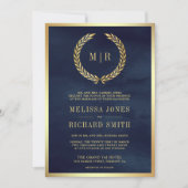 赤いバラのモノグラム ネイビーブルーの結婚式 招待状 (正面)