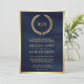 赤いバラのモノグラム ネイビーブルーの結婚式 招待状 (スタンド正面)