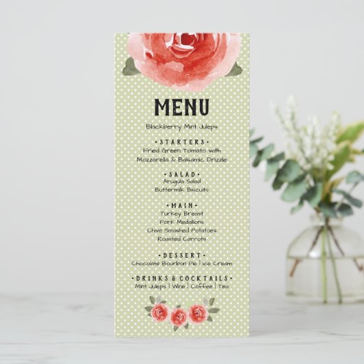 赤いバラのライムと白いドットのメニューカード メニュー (スタンド正面)