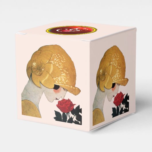 赤いバラのルビージェムストーンモノグラム、ピンクの女性 フェイバーボックス (正面サイド)