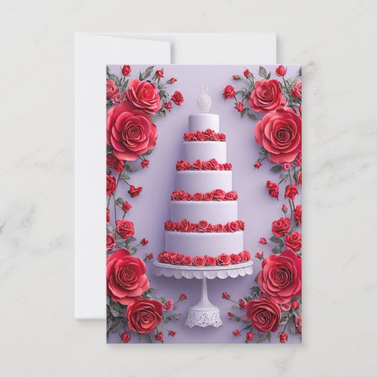 赤いバラのロマンティックなフラワーウェディングケーキ🎂🌹💍✨ 招待状 (正面)