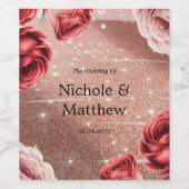 赤いバラのローズゴールドグリッター結婚式 ワインラベル (シングルラベル)