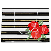 赤いバラの上の黒、白、金ゴールド抱き枕 ラージペーパーバッグ (正面)