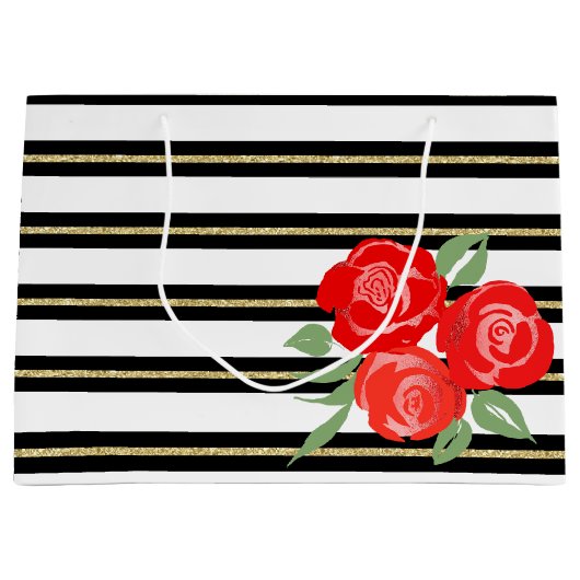 赤いバラの上の黒、白、金ゴールド抱き枕 ラージペーパーバッグ (正面)