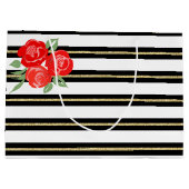 赤いバラの上の黒、白、金ゴールド抱き枕 ラージペーパーバッグ (裏面)