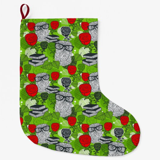 赤いバラの中のフクロウ ラージクリスマスストッキング (正面)