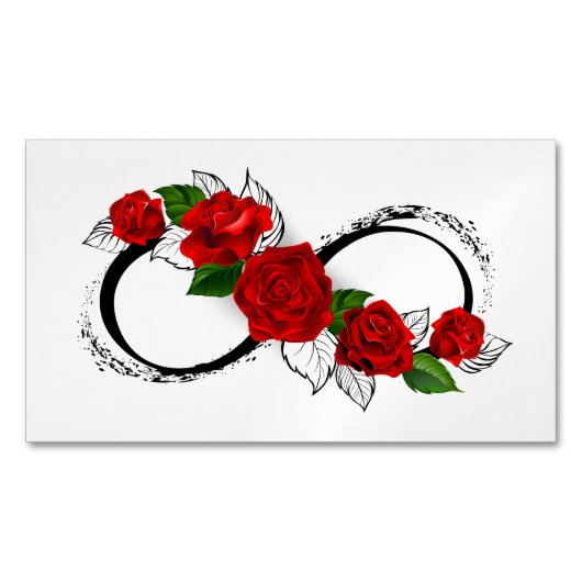 赤いバラの付いたインフィニティシンボル マグネット名刺 (正面)