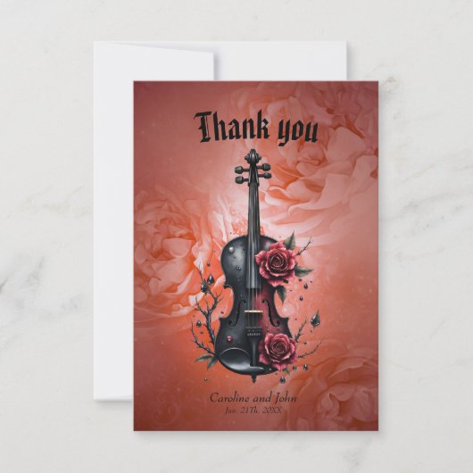 赤いバラの付いたゴシック様式の黒いバイオリン サンキューカード (正面)