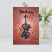 赤いバラの付いたゴシック様式の黒いバイオリン サンキューカード (スタンド正面)