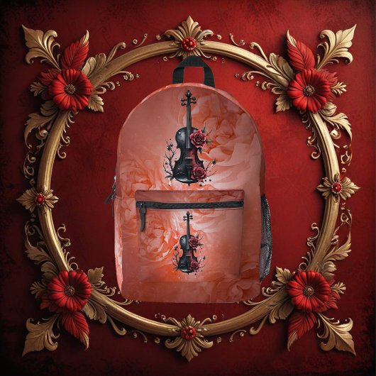 赤いバラの付いたゴシック様式の黒いバイオリン プリントバックパック