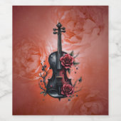 赤いバラの付いたゴシック様式の黒いバイオリン ワインラベル (シングルラベル)