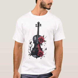 赤いバラの付いたゴシック様式の黒いバイオリン Tシャツ