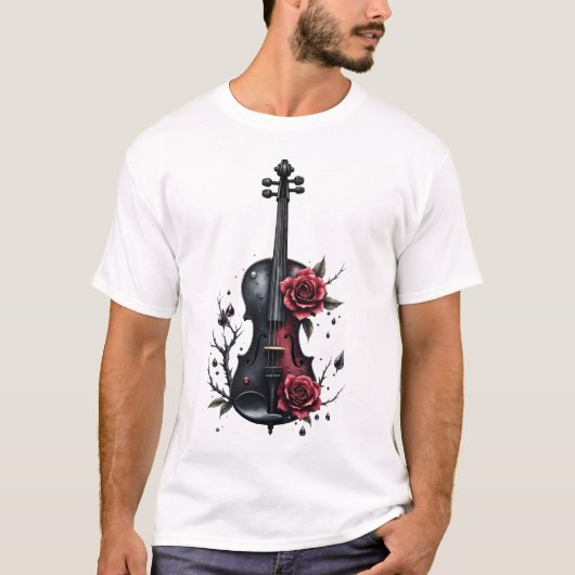 赤いバラの付いたゴシック様式の黒いバイオリン Tシャツ (正面)