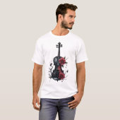 赤いバラの付いたゴシック様式の黒いバイオリン Tシャツ (正面フル)