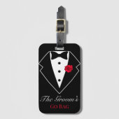 赤いバラの付いたブラックタキシード ハネムーン カスタマイズ ラゲッジタグ (正面縦)