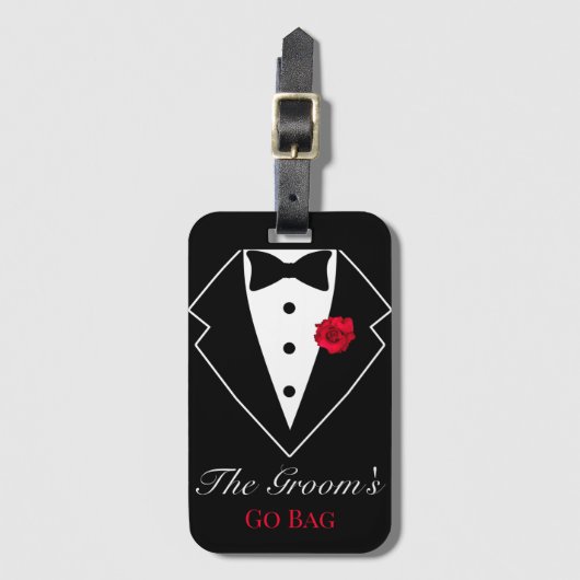 赤いバラの付いたブラックタキシード ハネムーン カスタマイズ ラゲッジタグ (正面縦)
