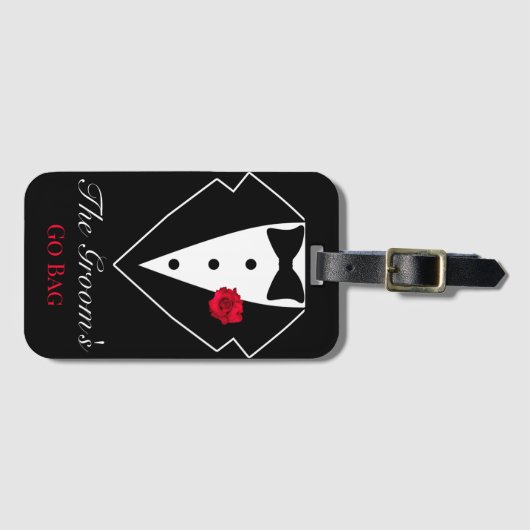赤いバラの付いたブラックタキシード ハネムーン カスタマイズ ラゲッジタグ (正面横)