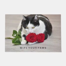 赤いバラの付いた可愛い猫 ドアマット