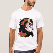 赤いバラの付いた砂糖スカル馬 Tシャツ (正面)